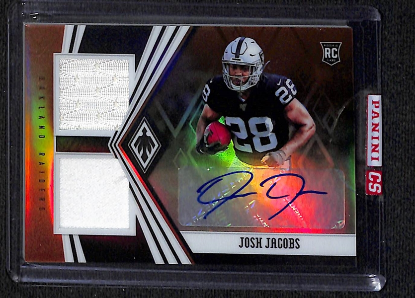 Lot of (4) 2019 Football Rookie Autographs- Playoff Kyler Murray, Phoenix Josh Jacobs Patch (#/49), Illusions Nick Bosa (#/99), Playoff DK Metcalf